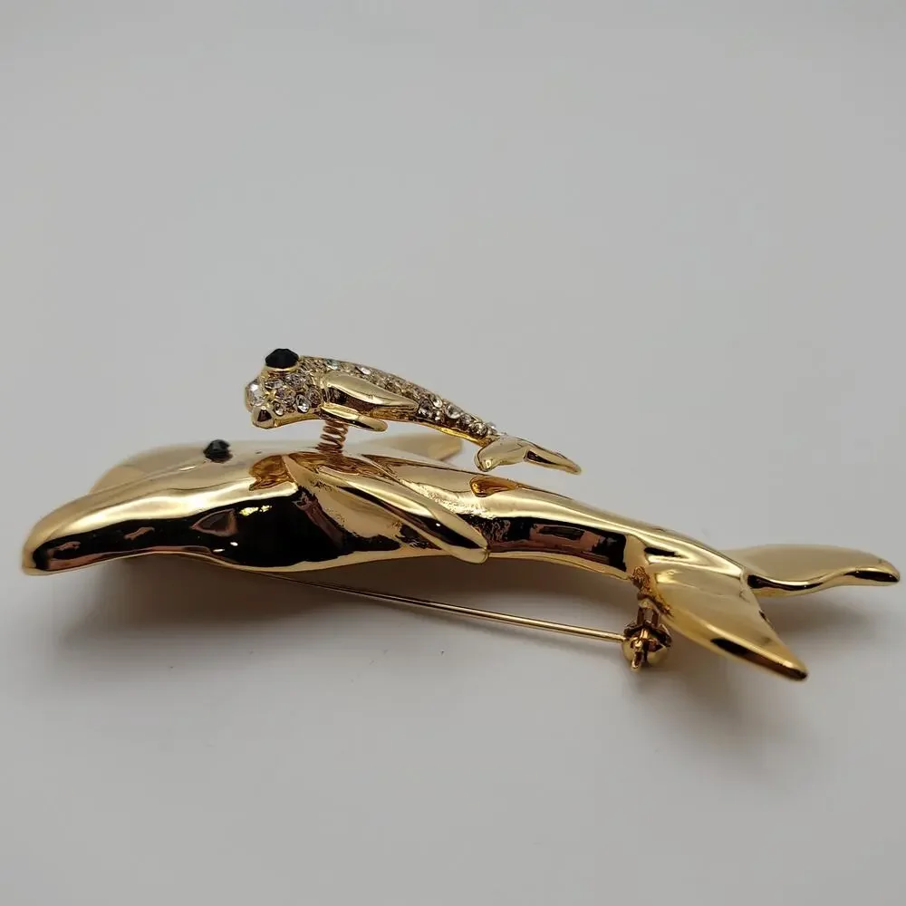 Vintage Gold-tone Dual Leaping Dolphins Trembler Baguette Round Rhinestones